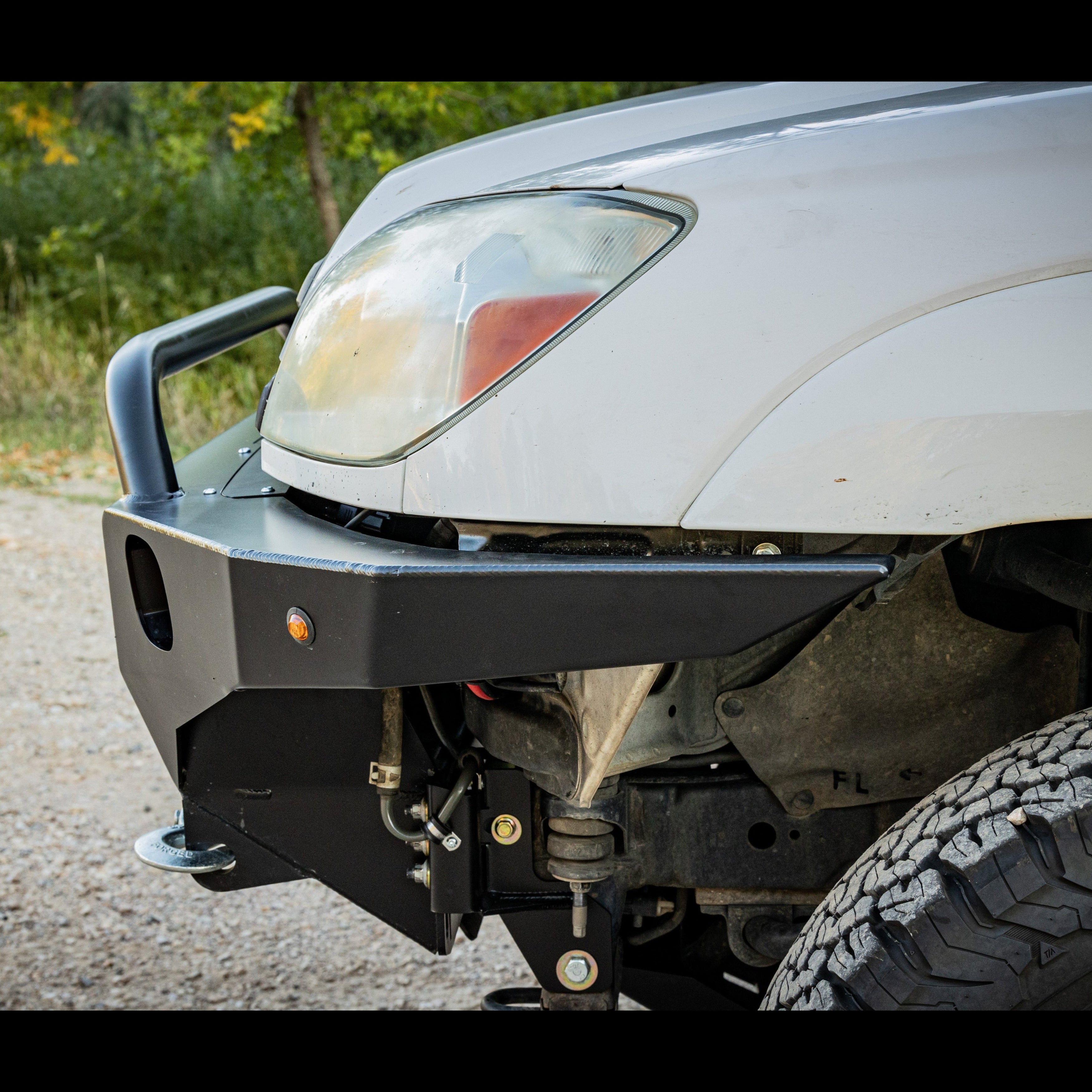 Close-up of the steel plated side wing of the C4 Fabrications Overland front bumper for the 4th Generation 4Runner.