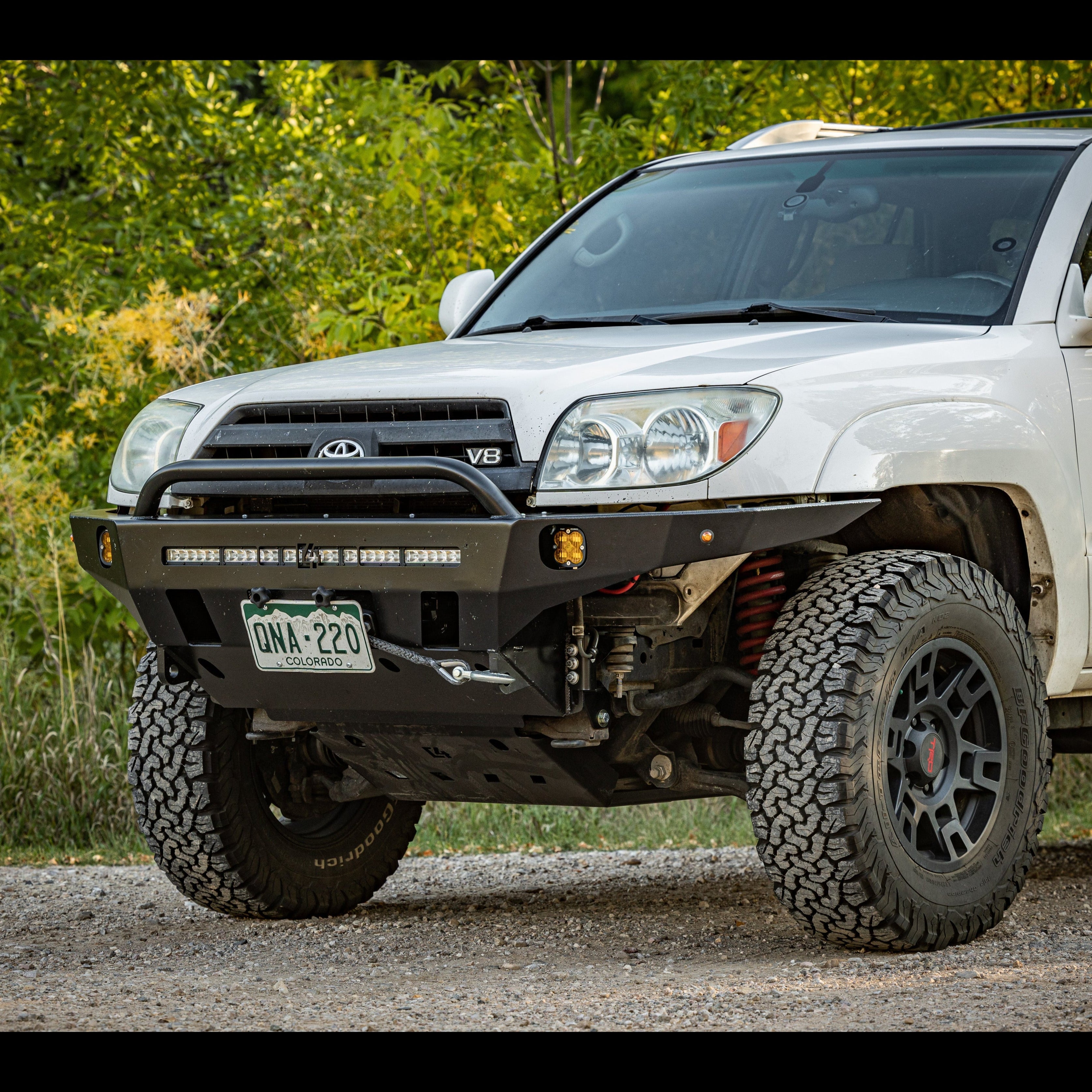 Quartering view of a C4 Overland winch bumper equipped on an early 4th Gen 4Runner.