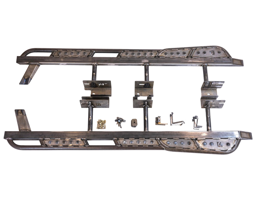 C4's bolt-on Tundra frame sliders shown with complete hardware kit for installation.