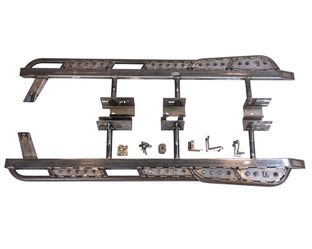 C4's bolt-on Tundra frame sliders shown with complete hardware kit for installation.