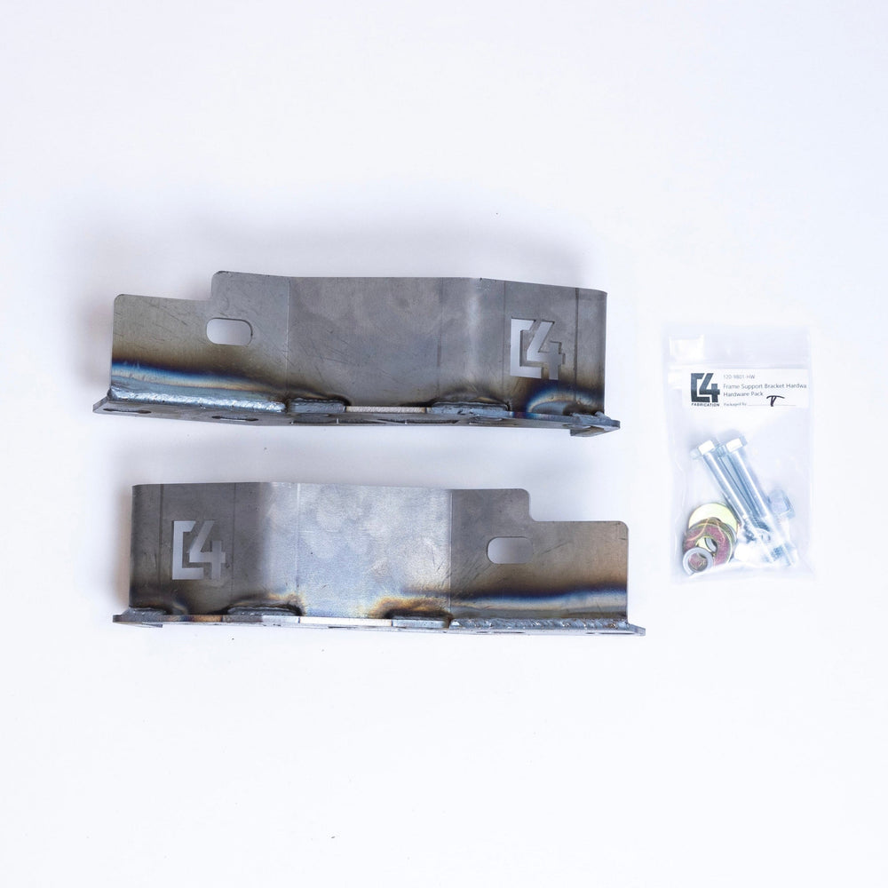 Parts included with the C4 Frame Support Bracket for 2nd Gen Tacoma laid out on a white table.