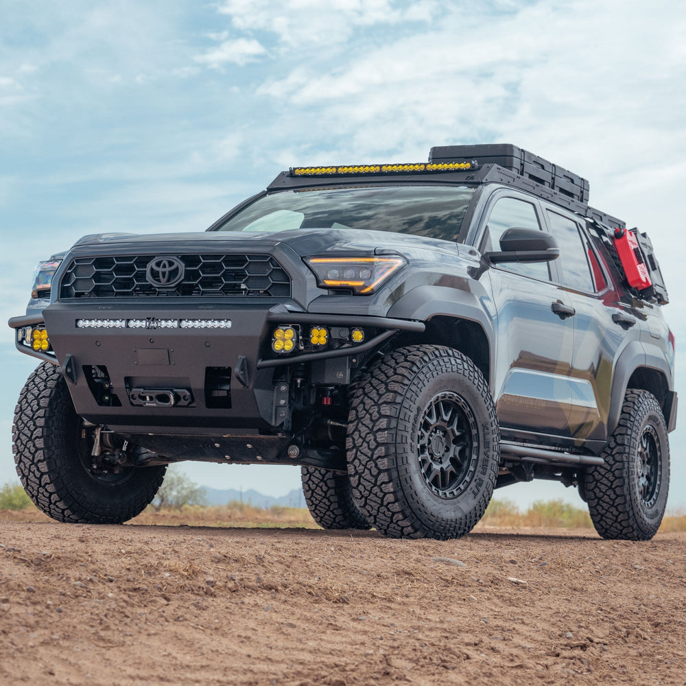 Low-angle view of the 6th Gen 4Runner Hybrid Front Bumper installed on C4 4runner