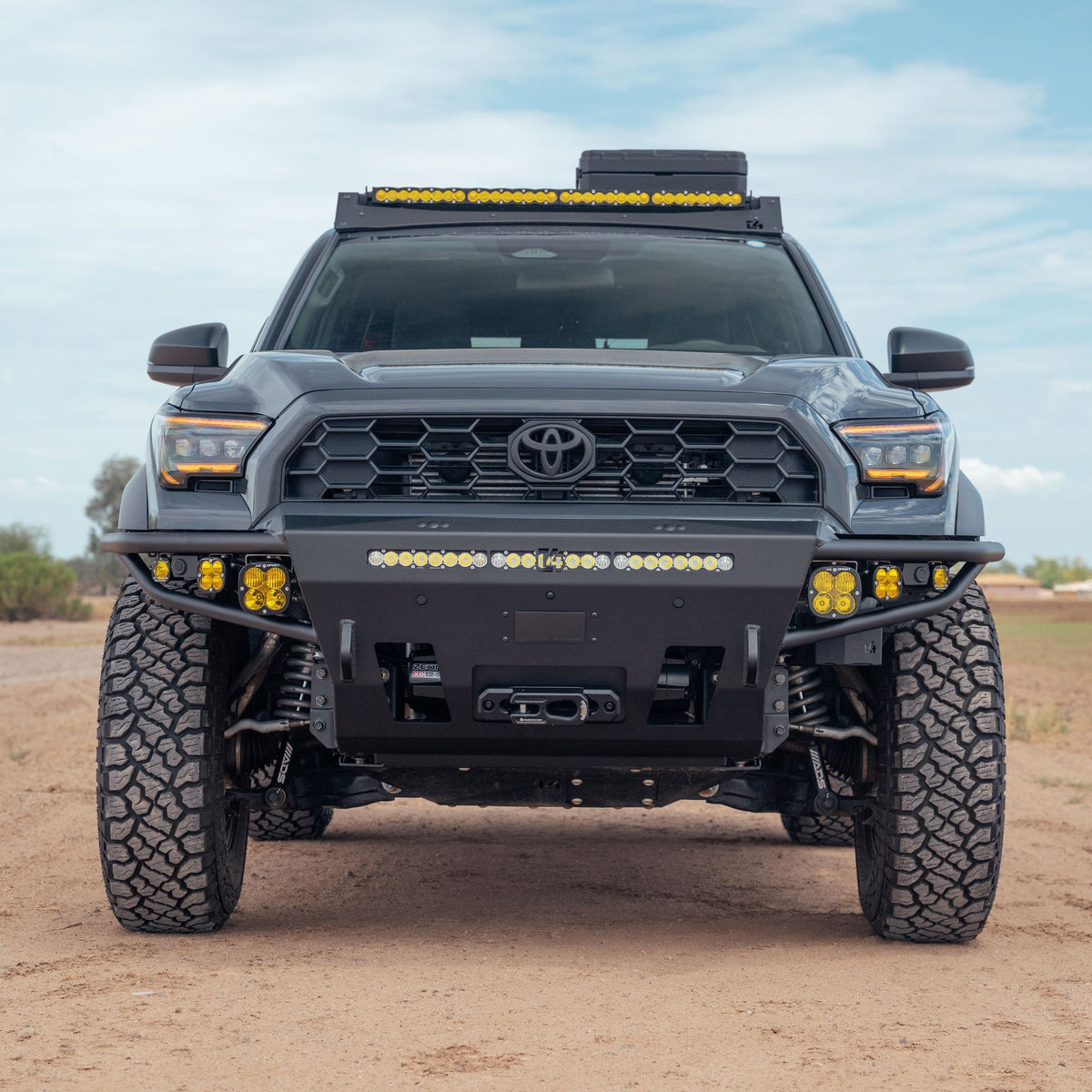 Front view of 6th Gen 4Runner Hybrid Front Bumper installed on black Toyota 4runner