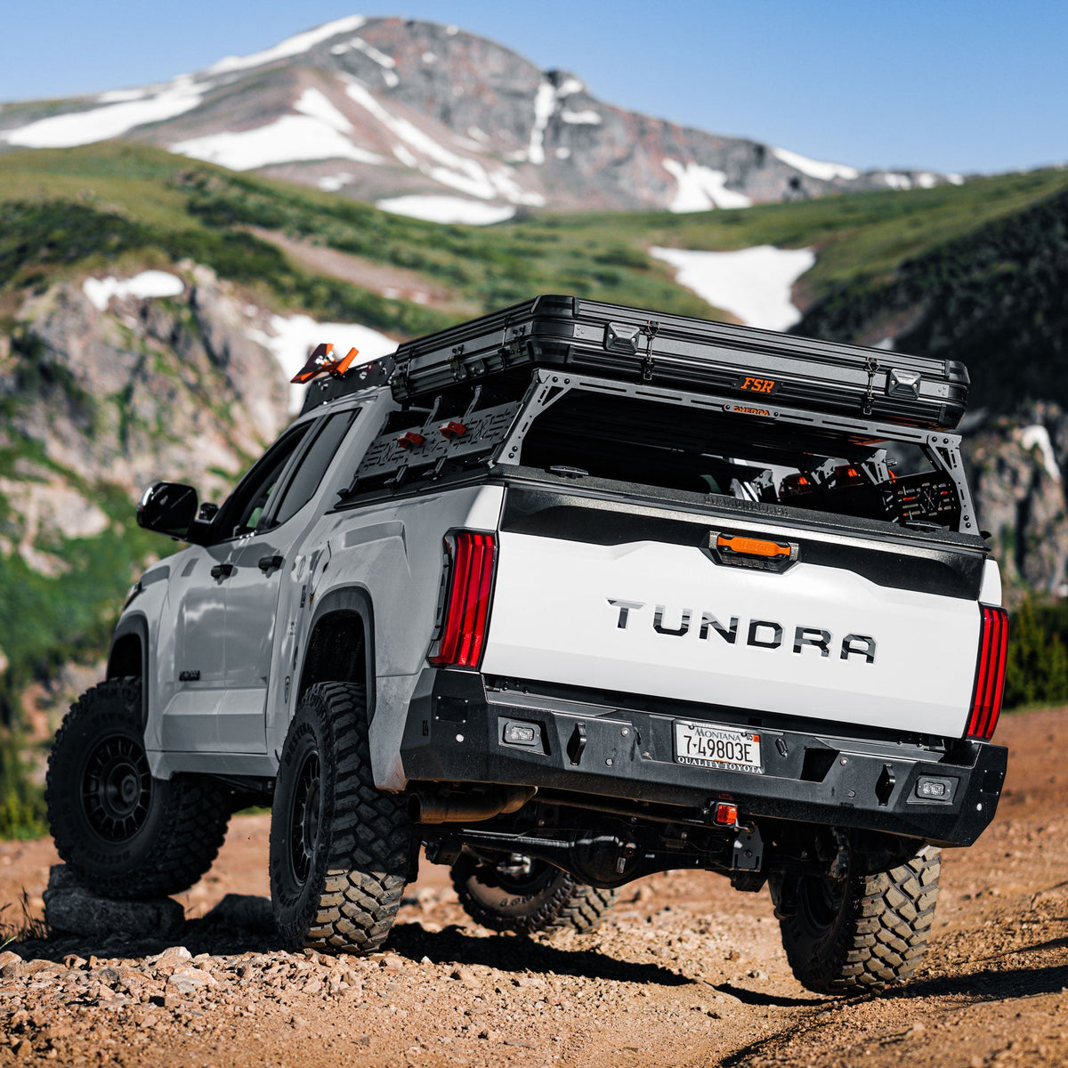 Cover photo of the C4 Overland rear bumper for the 3rd Generation Tundra with the background faded out and emphasis on the truck and bumper.