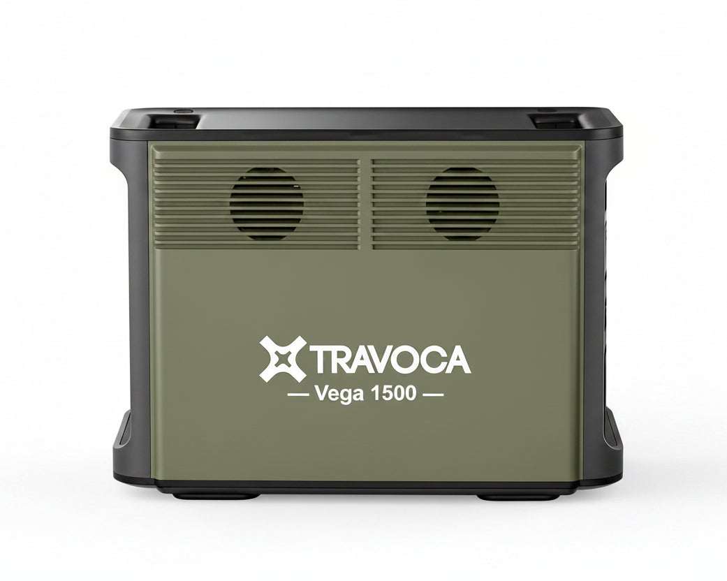 Green portable power station with Travoca logo on a white background