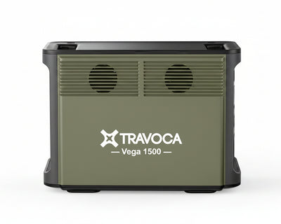 Green portable power station with Travoca logo on a white background