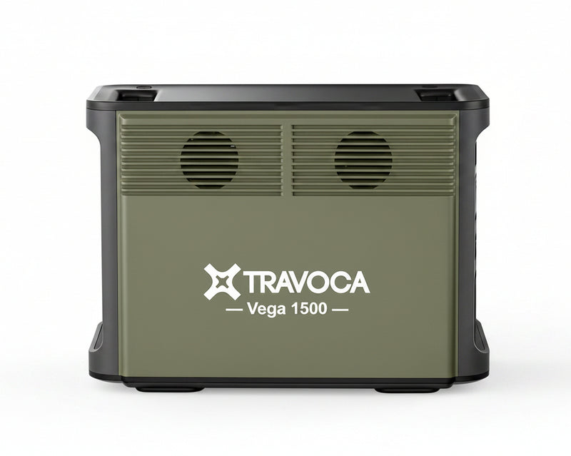 Green portable power station with Travoca logo on a white background