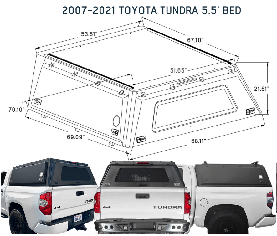 2007-2021 Toyota Tundra Expedition Truck Cap W/Full Wing Doors, Front and Rear Windows & 3rd Brake Light