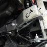 Low angle view of an installed Tacoma frame support bracket from C4 Fabrication.