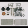 The parts list of the C4 Body Mount Relocation system laid out on a white table.