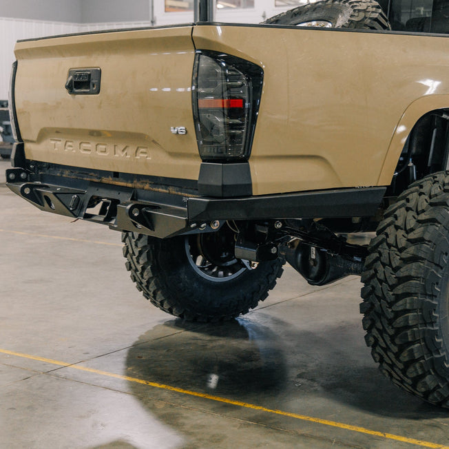 Close up showing the plate side variant of the C4 Tacoma bumper.