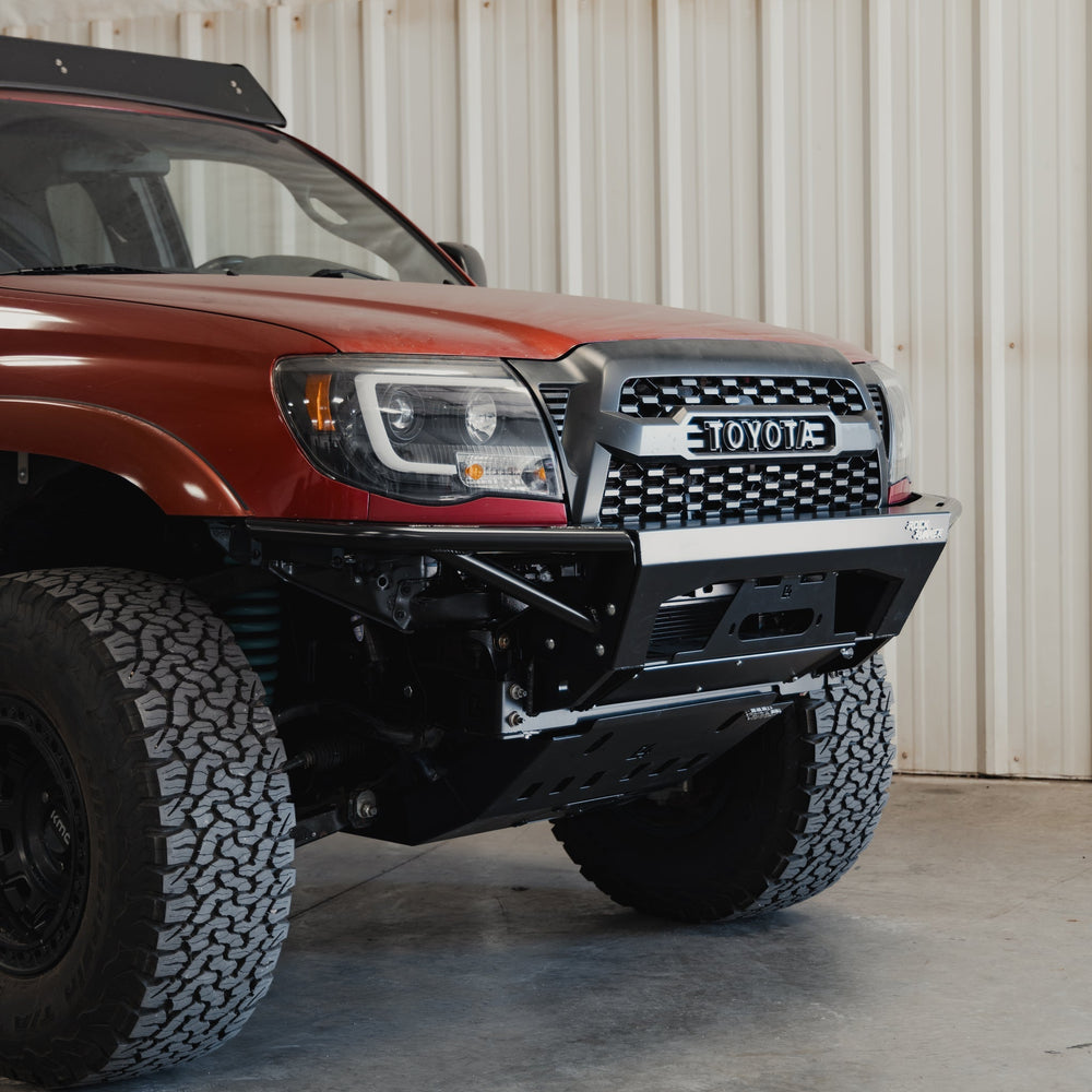 Front quartering view of the C4 Rock Runner bumper on a 2nd Gen Tacoma.