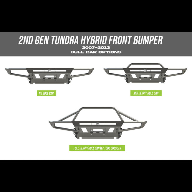 Collection of digital renderings showing the three bull bar variants available for the Hybrid Tundra bumper - no bull bar, mid-height bull bar and full-height bull bar with tube gussets. 