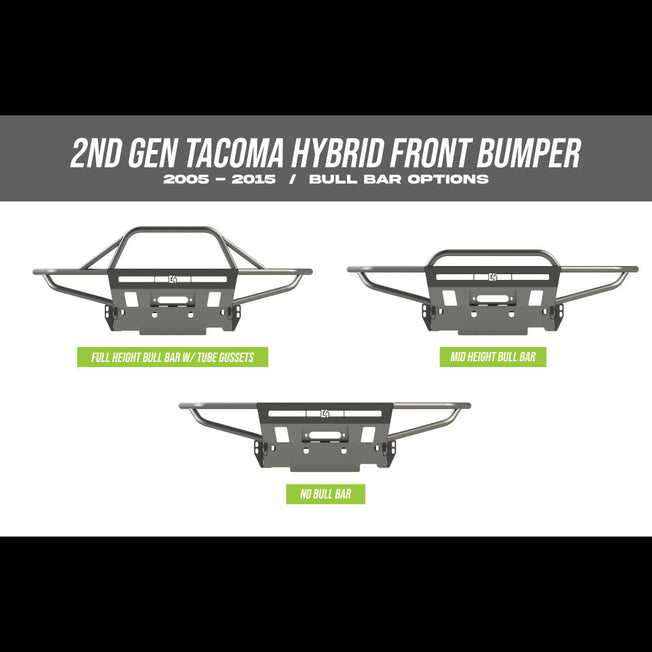 Collection of digital renders showing the three bull bar options for the Tacoma Hybrid bumper - no bull bar, mid-height bull bar and full-height bull bar with tube gussets. 