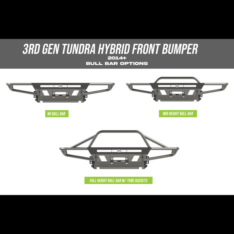 Collection of digital renderings showing the three bull bar variations available for the C4 Hybrid front winch bumper - no bull bar, mid-height bull bar and full-height bull bar with tube gussets.