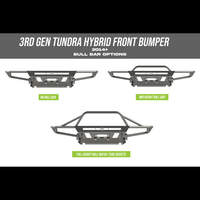 Collection of digital renderings showing the three bull bar variations available for the C4 Hybrid front winch bumper - no bull bar, mid-height bull bar and full-height bull bar with tube gussets.