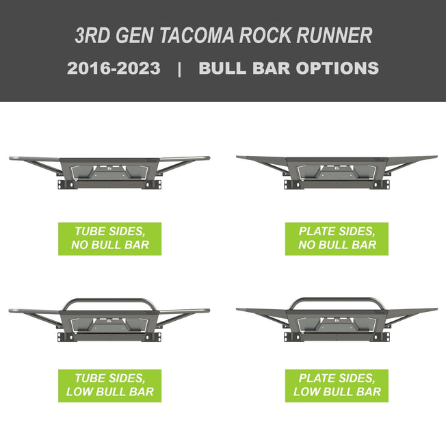 Collection of digital renderings showing the tube side and bull bar options for the 3rd Gen Tacoma Rock Runner bumper from C4 Fabrication - tube side with no bull bar, tube side with low bull bar, plate side with no bull bar and plate side with low bull bar. 