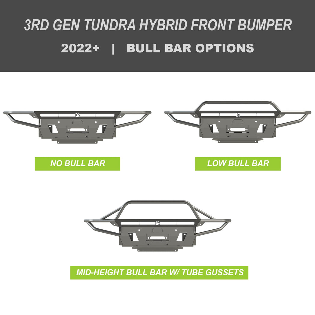 Digital renders showing the three bull bar options for the C4 Hybrid front winch bumper for the 2022+ Toyota Tundra - no bull bar, low bull bar and mid-height bull bar with tube gussets. 