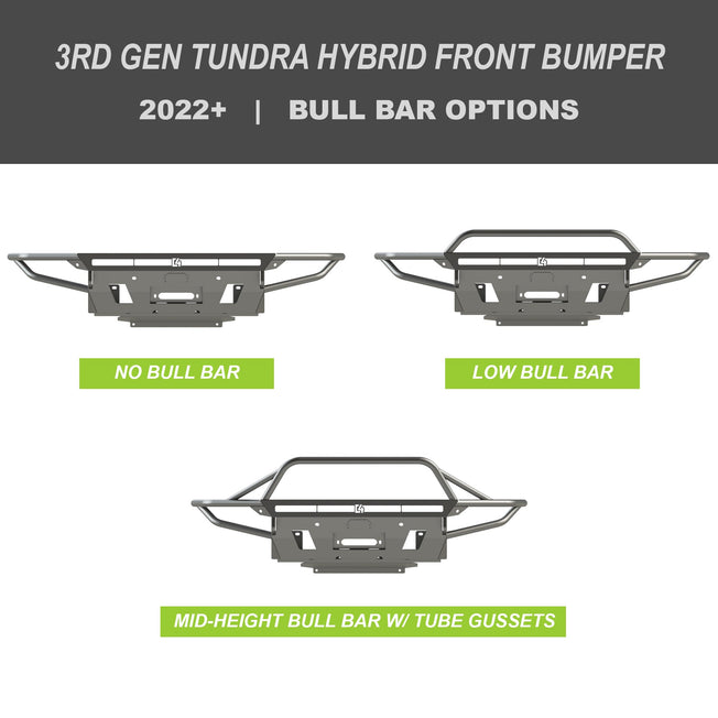 Digital renders showing the three bull bar options for the C4 Hybrid front winch bumper for the 2022+ Toyota Tundra - no bull bar, low bull bar and mid-height bull bar with tube gussets. 