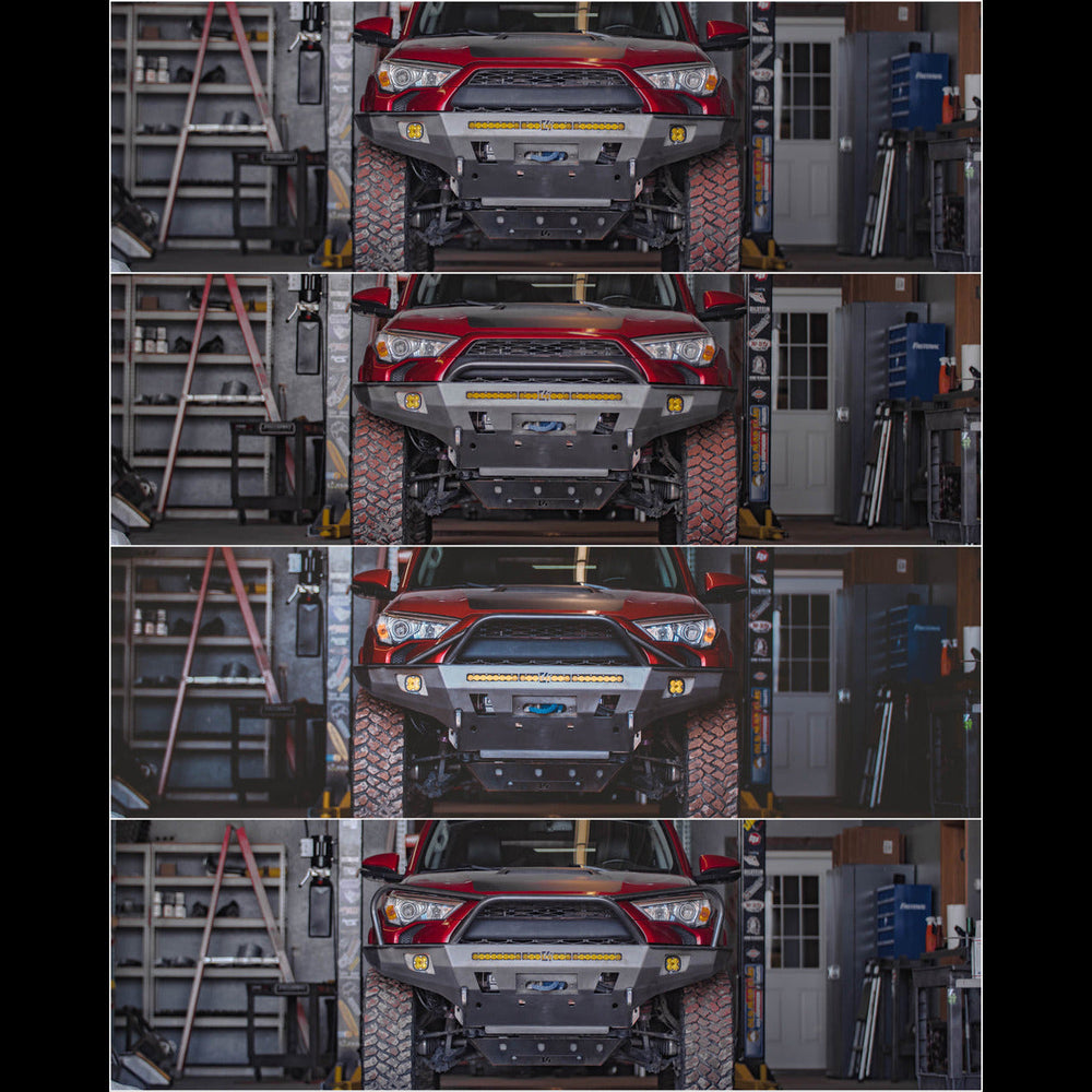 Composite image showing actual photos of the four bull bar heights available for the C4 Overland bumper, all shown from directly in front of the vehicle.