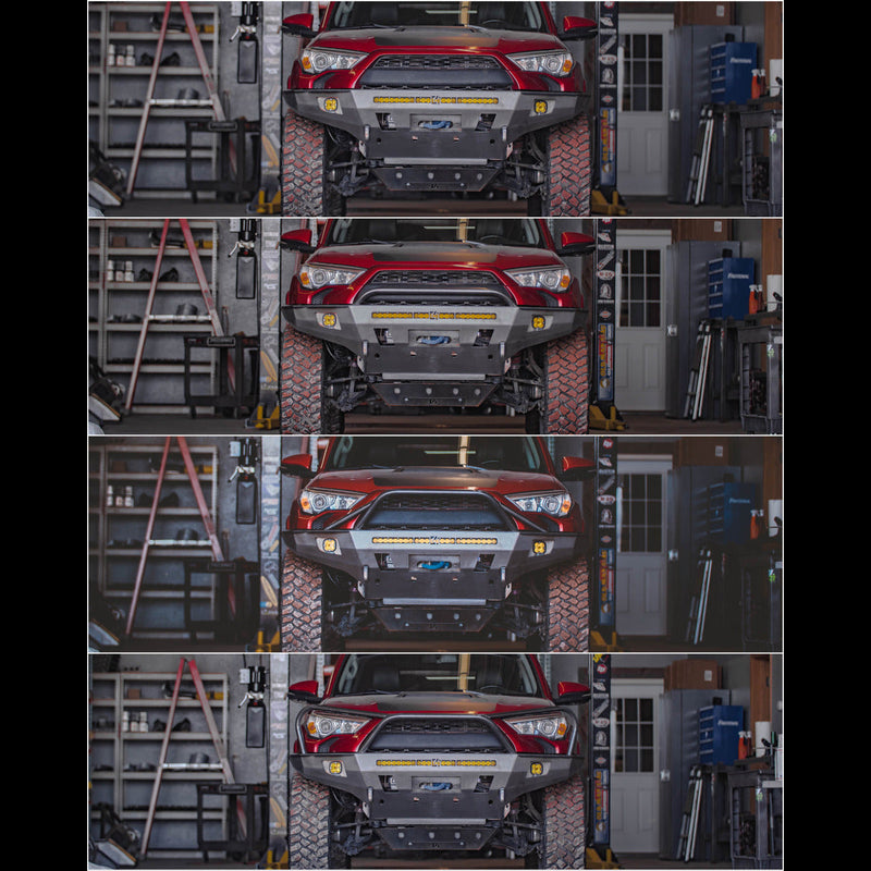 Composite image showing actual photos of the four bull bar heights available for the C4 Overland bumper, all shown from directly in front of the vehicle.
