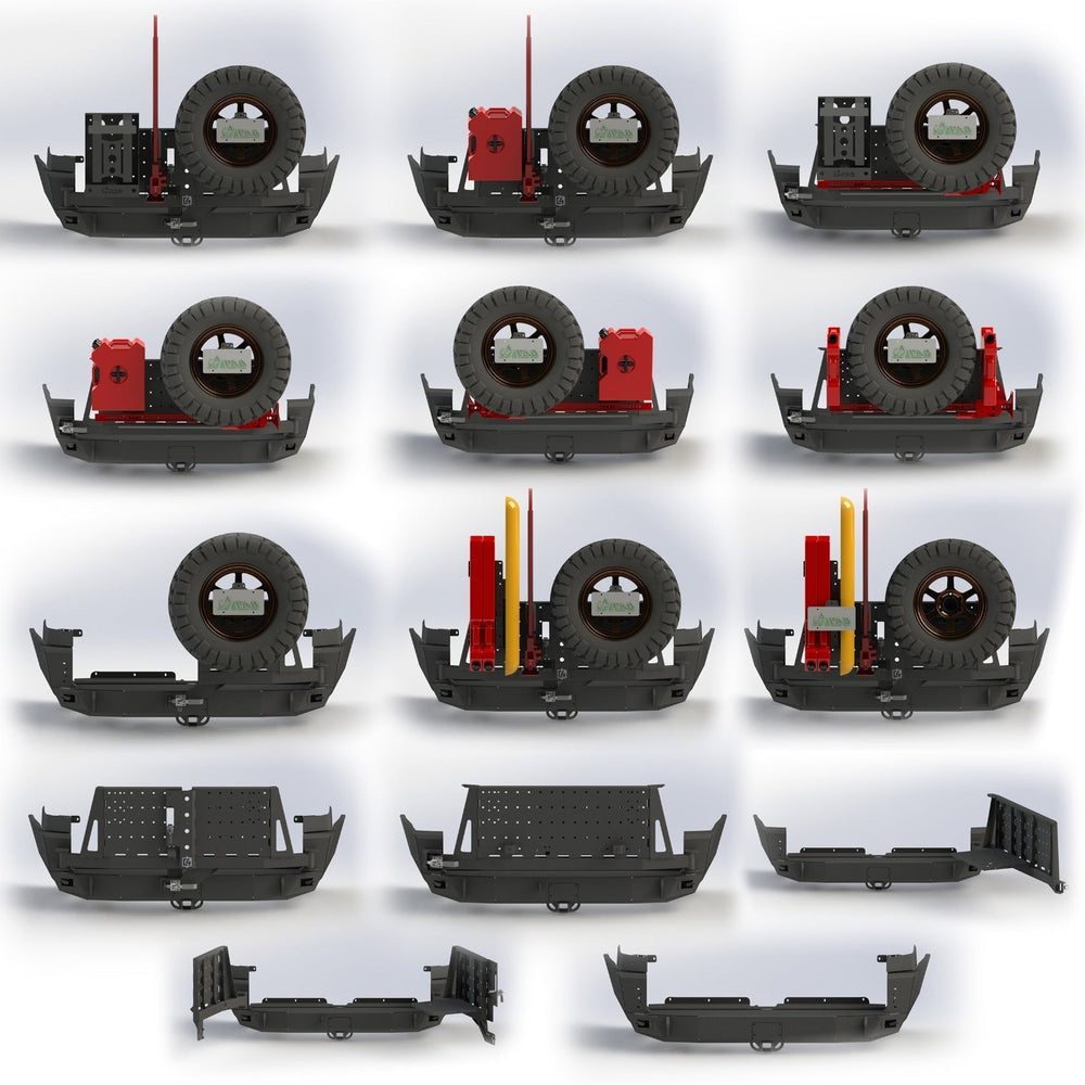 Collection of thirteen digital renderings showing a number of the different configurations that the C4 Fabrications rear bumper for the 5th Generation 4Runner can be set up with.