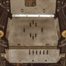 View from the bottom showing the transmission and transfer case skids along with the transfer case skid crossmember.