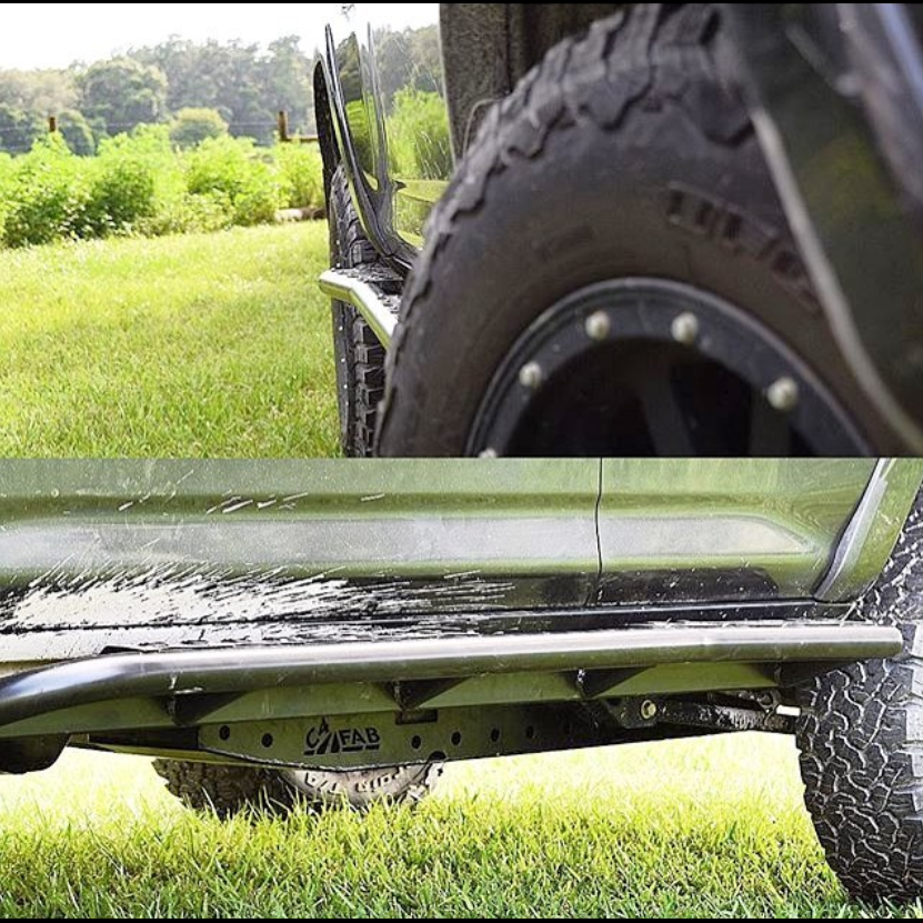Composite of two views of the C4 Fabrications rock sliders - one from the side and one looking down the rocker panel from the front. 