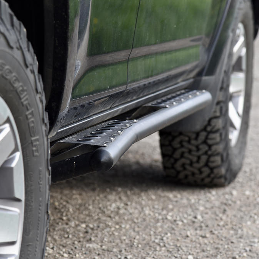 Rear quartering view of the C4 rock sliders for 5th Gen Toyota 4Runners.