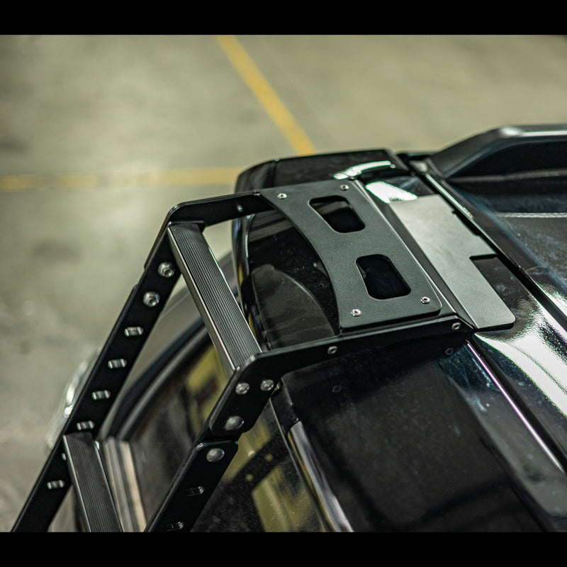 Top view of the Summit hatch ladder showing the rubber tread inserts on the ladder steps as well as the top landing pad step. 