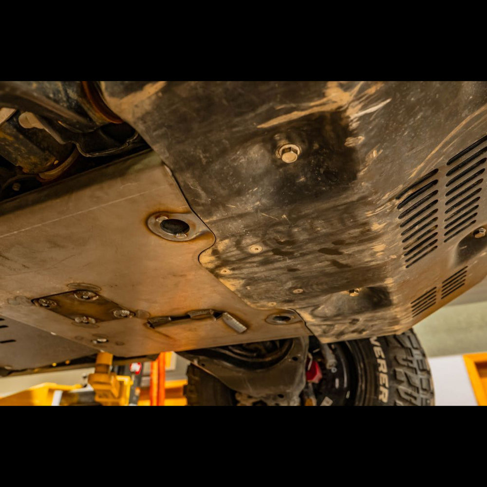 Close-up view showing how tightly the TRD Pro skid fits with C4's Integration Skid Plate. 
