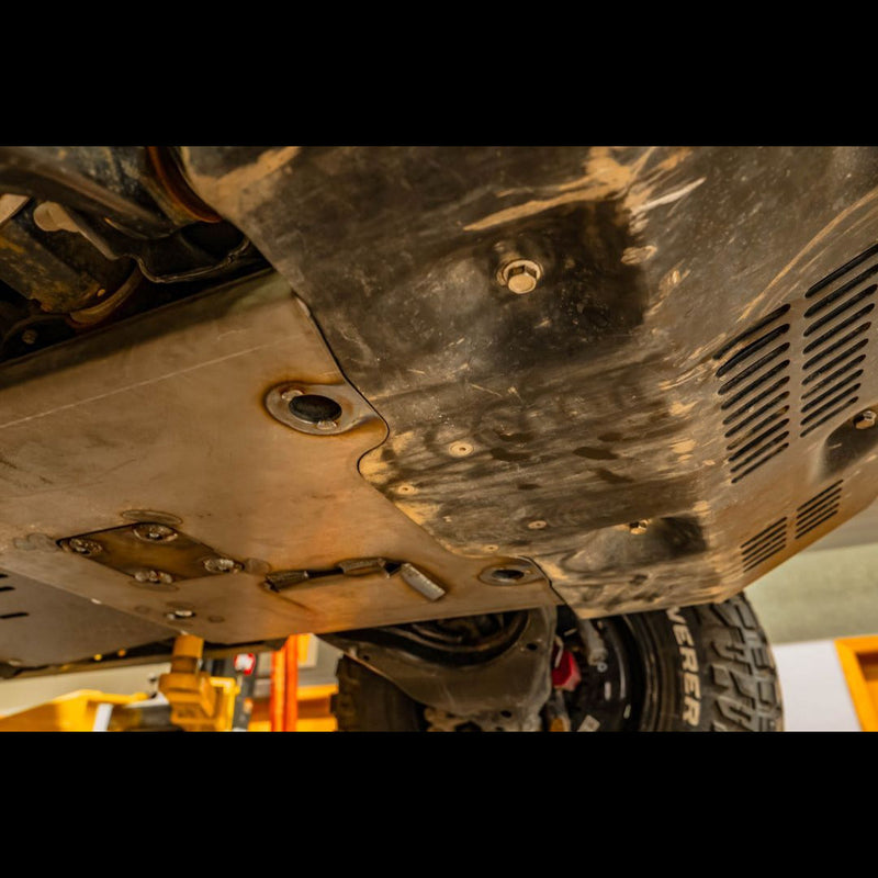 Close-up view showing how tightly the TRD Pro skid fits with C4's Integration Skid Plate. 