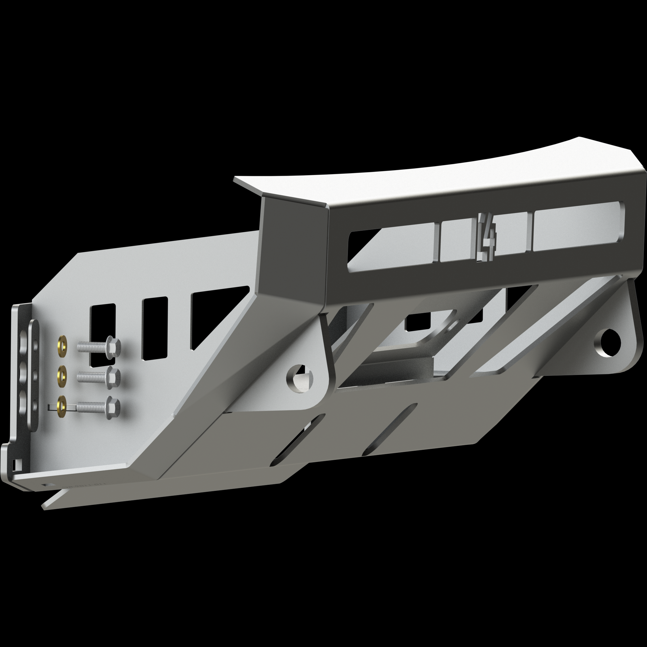 Digital rendering showing a close-up quartering view of the Lo-Pro bumper for the 5th Gen 4Runner from C4 Fabrication to include the mounting bolts, washers and mounting plate.