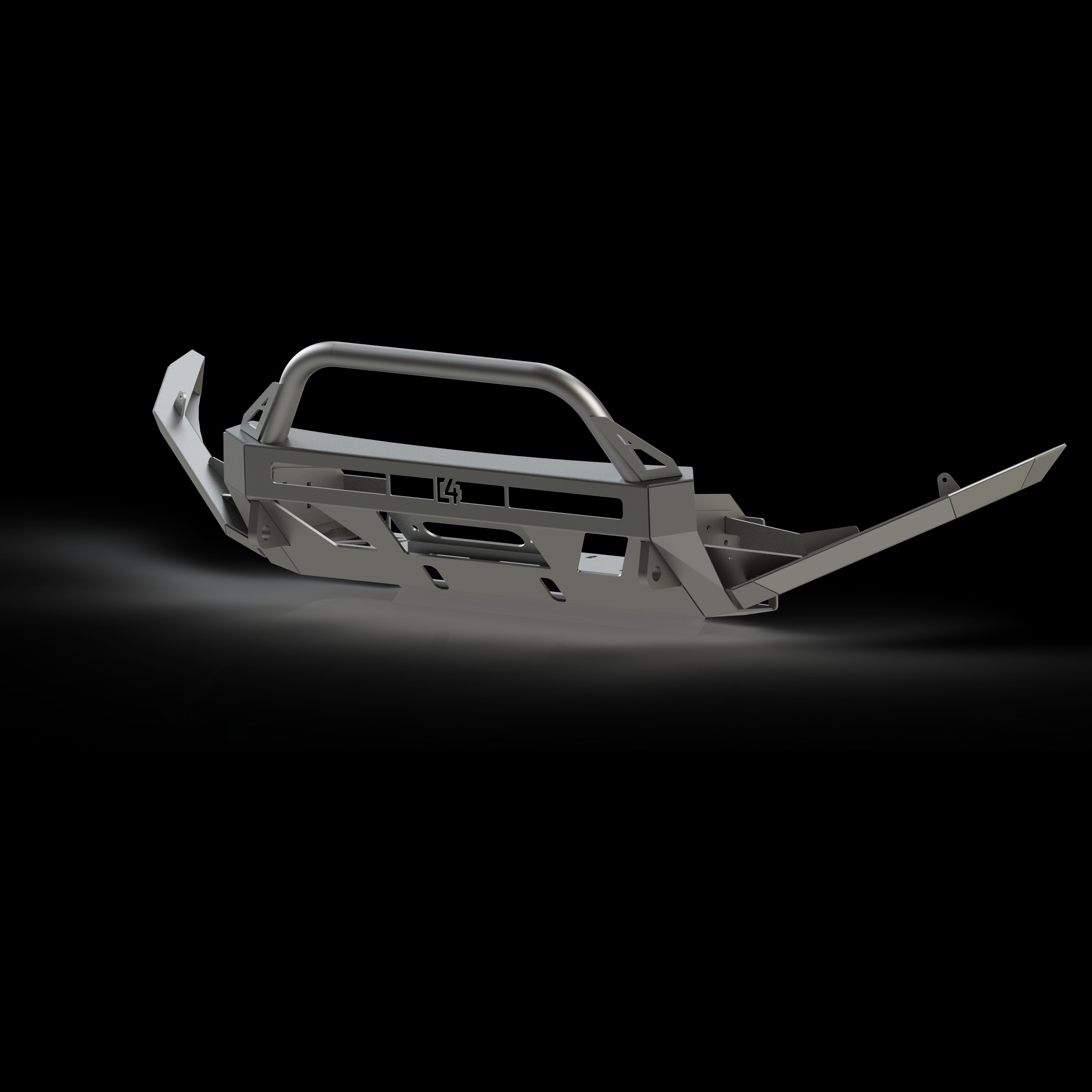 Digital rendering showing the C4 Lo-Pro bumper with full-height bull bar and plate gussets as well as the high clearance additions.