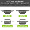 Collection of digital renderings showing the four options available on the C4 Rock Runner bumper for the 5th Gen 4Runner - tube sides with no bull bar, plate sides with no bull bar, tube sides with mid-height bull bar and plate sides with mid-height bull bar. 