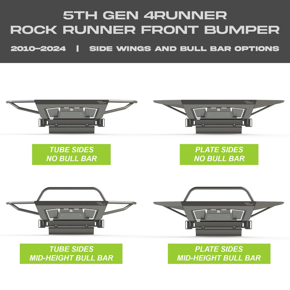 Collection of digital renderings showing the four options available on the C4 Rock Runner bumper for the 5th Gen 4Runner - tube sides with no bull bar, plate sides with no bull bar, tube sides with mid-height bull bar and plate sides with mid-height bull bar. 