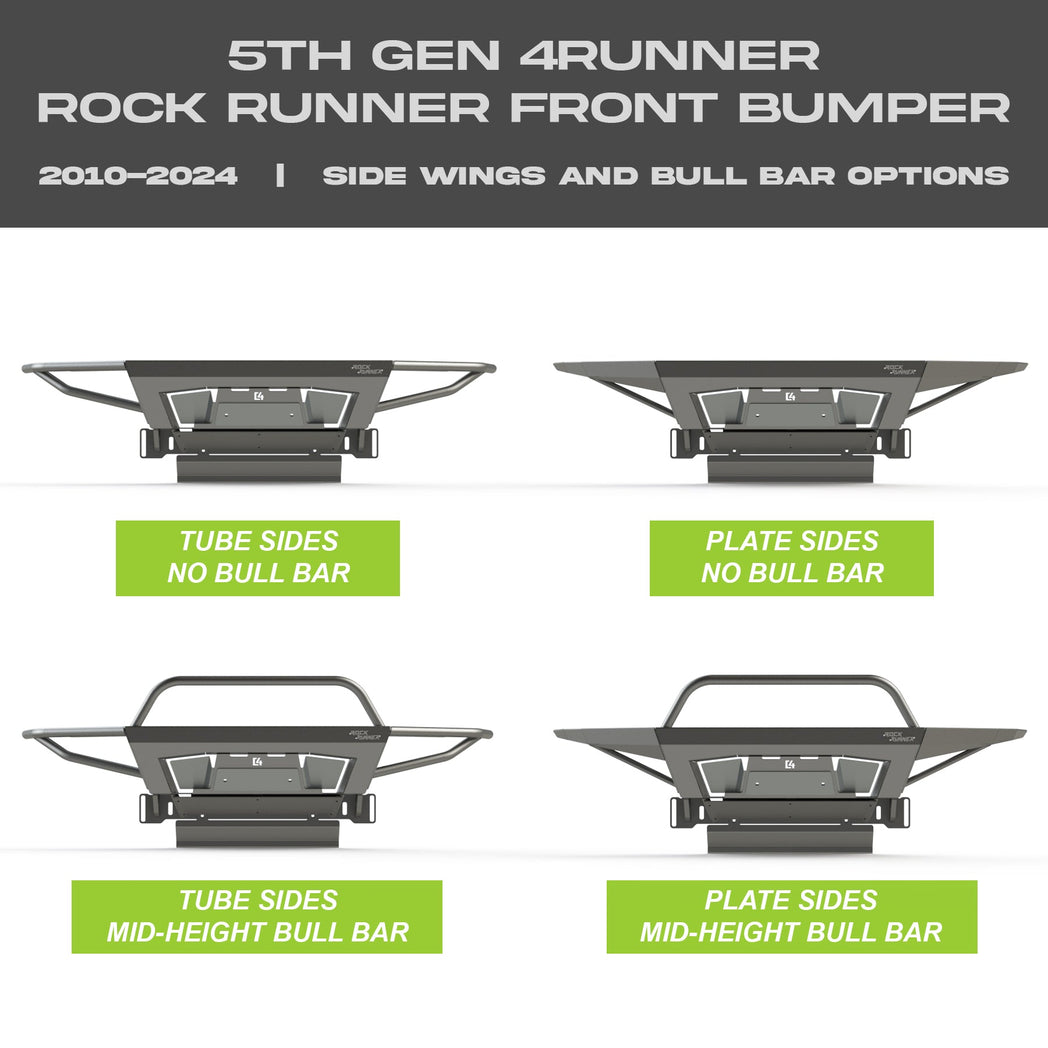 Collection of digital renderings showing the four options available on the C4 Rock Runner bumper for the 5th Gen 4Runner - tube sides with no bull bar, plate sides with no bull bar, tube sides with mid-height bull bar and plate sides with mid-height bull bar. 