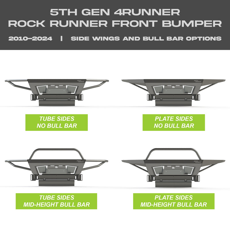 Collection of digital renderings showing the four options available on the C4 Rock Runner bumper for the 5th Gen 4Runner - tube sides with no bull bar, plate sides with no bull bar, tube sides with mid-height bull bar and plate sides with mid-height bull bar. 