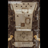 Bottom view of the Non-KDSS skid plates set for the 5th Generation 4Runner with overlaid text showing that the front access hole is for the oil filter while the rear access panel is for the oil drain. Also delineated is the front skid plate, the transmission skid plate and the transfer case skid plate.