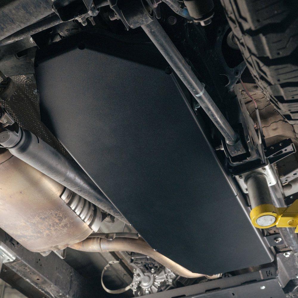 Close-up of undercarriage with 6th Gen 4Runner Fuel Tank Skid Plate