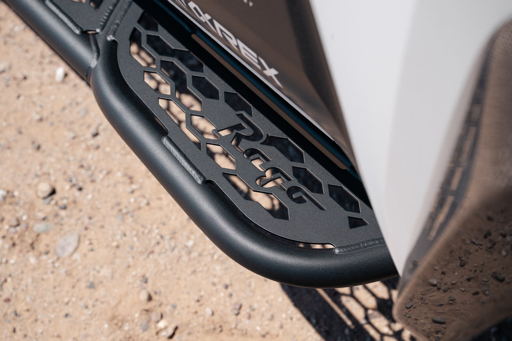 6th Gen 4Runner Rock Slider Side Steps, close up of rago logo