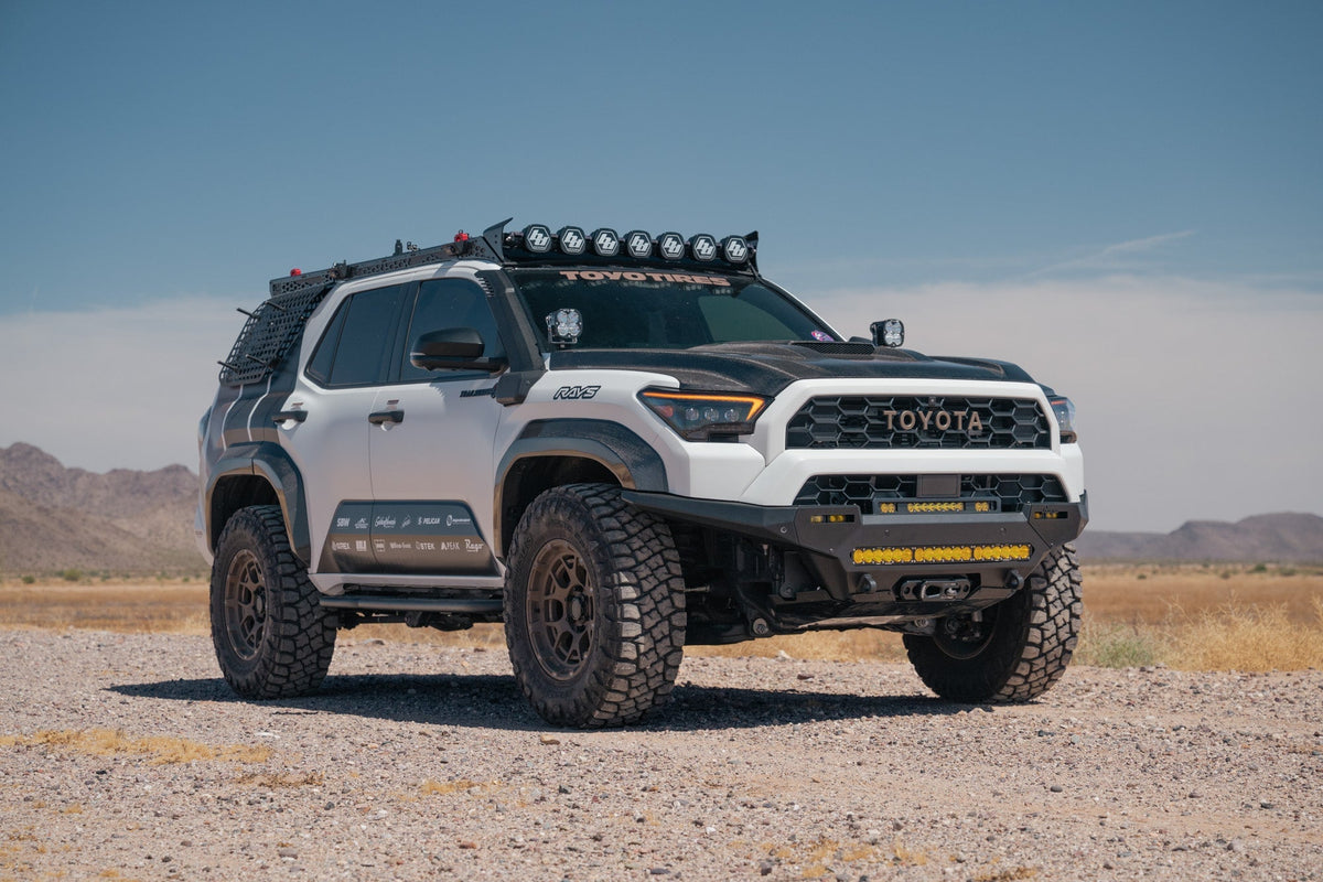 Fully built out 6th Gen 4Runner with the Rago Roof rack, molle panels, bumpers, and Rock Slider Side Steps