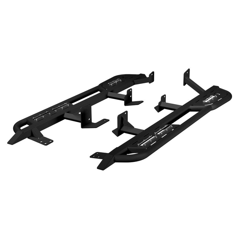 Angled render of the Rock sliders for the 6th Gen Toyota 4Runner with mounting brackets.