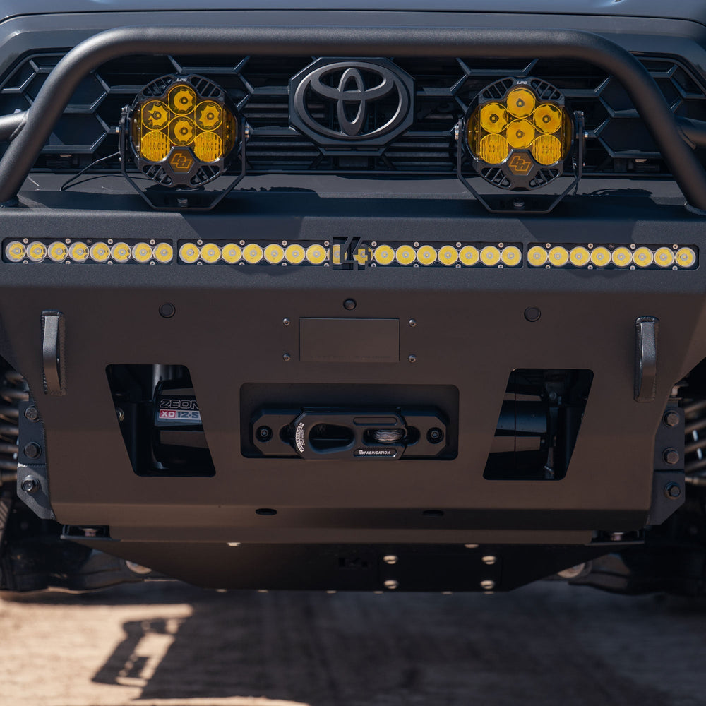 Front  view of the top lights, center light, and concealed winch on the 6th gen 4Runner C4 Fabrication Overland Series Front Bumper