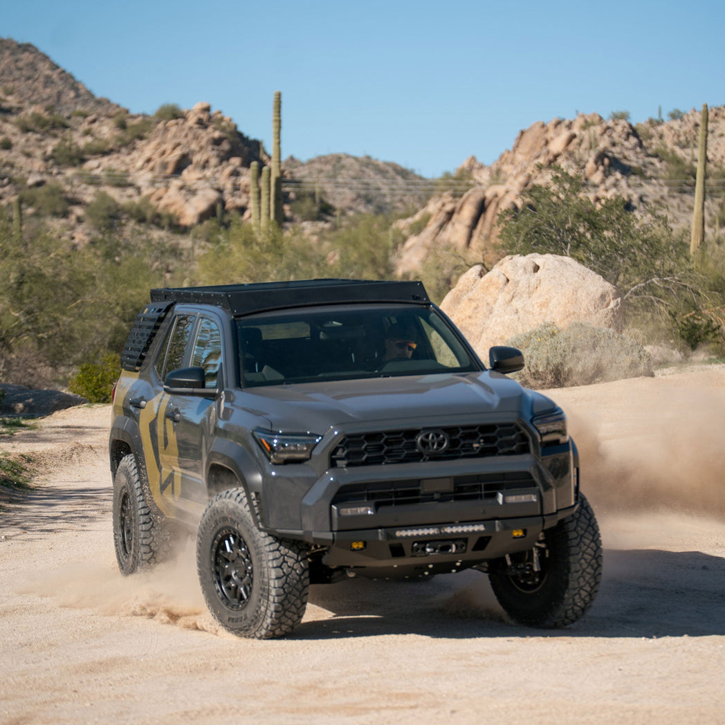 6th Gen 4Runner Roof Rack on 4Runner drifting on desert road.