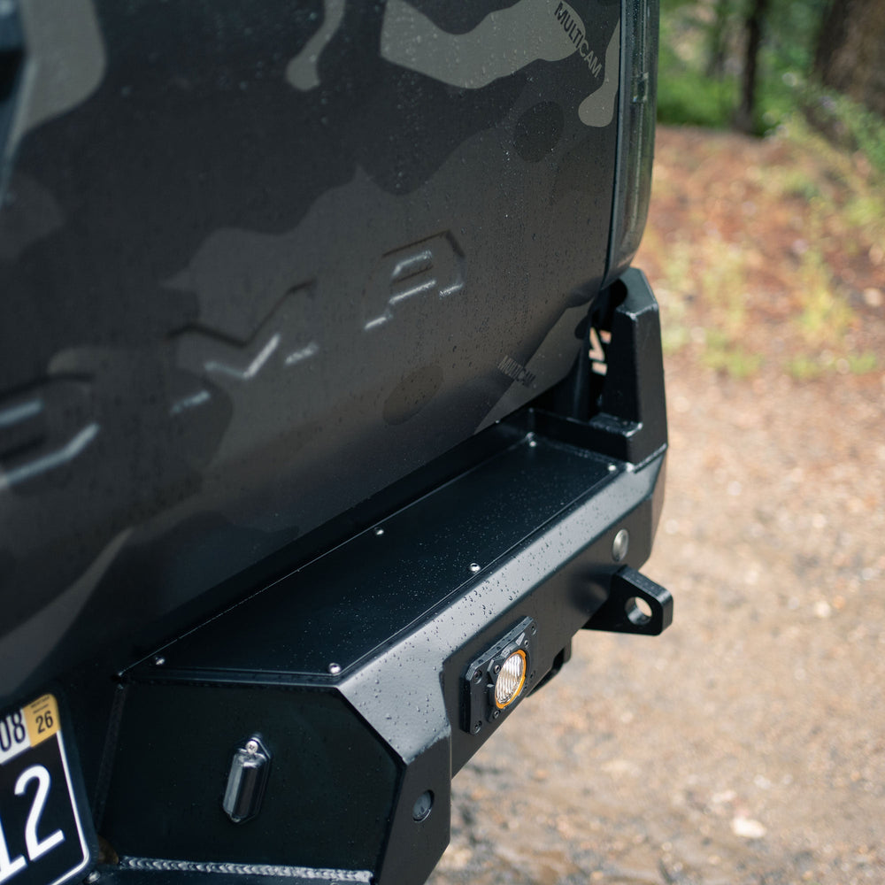 Close up view showing the robust tow points included in the C4 Overland rear bumper.