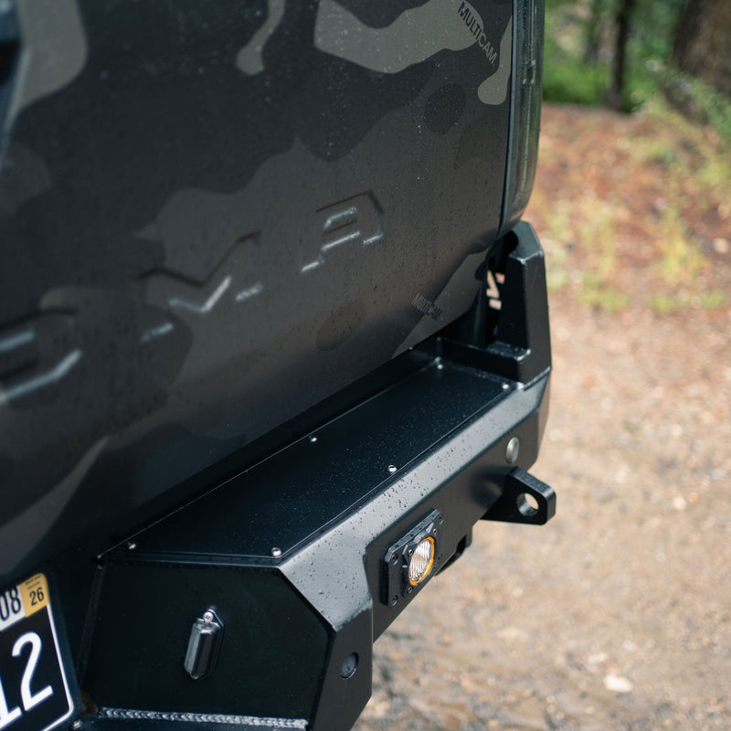 Close up view showing the robust tow points included in the C4 Overland rear bumper.