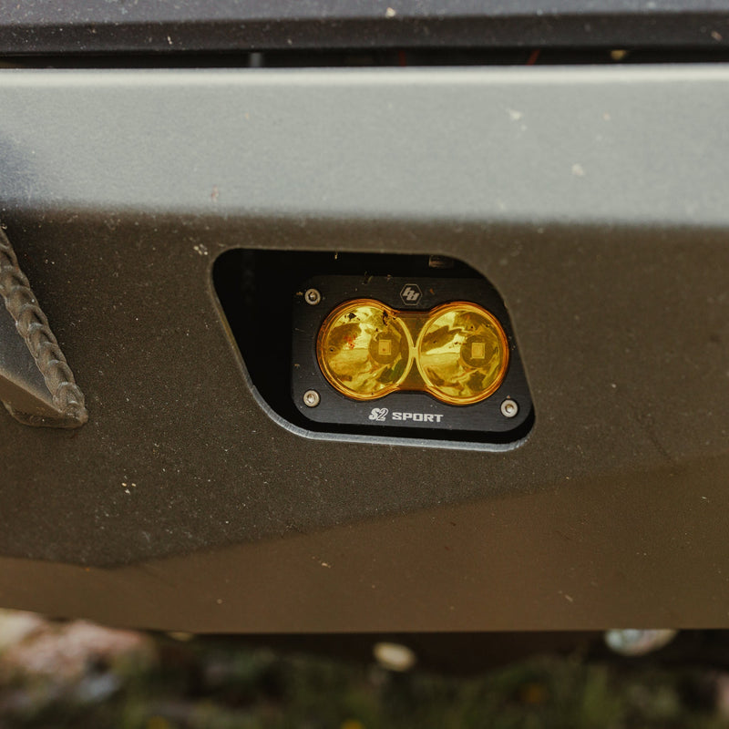 Close-up view of the available accessory Baja Designs S2 Sport lights that can be fitted to the C4 Lo-Pro bumper for the 4th Generation Tacoma.