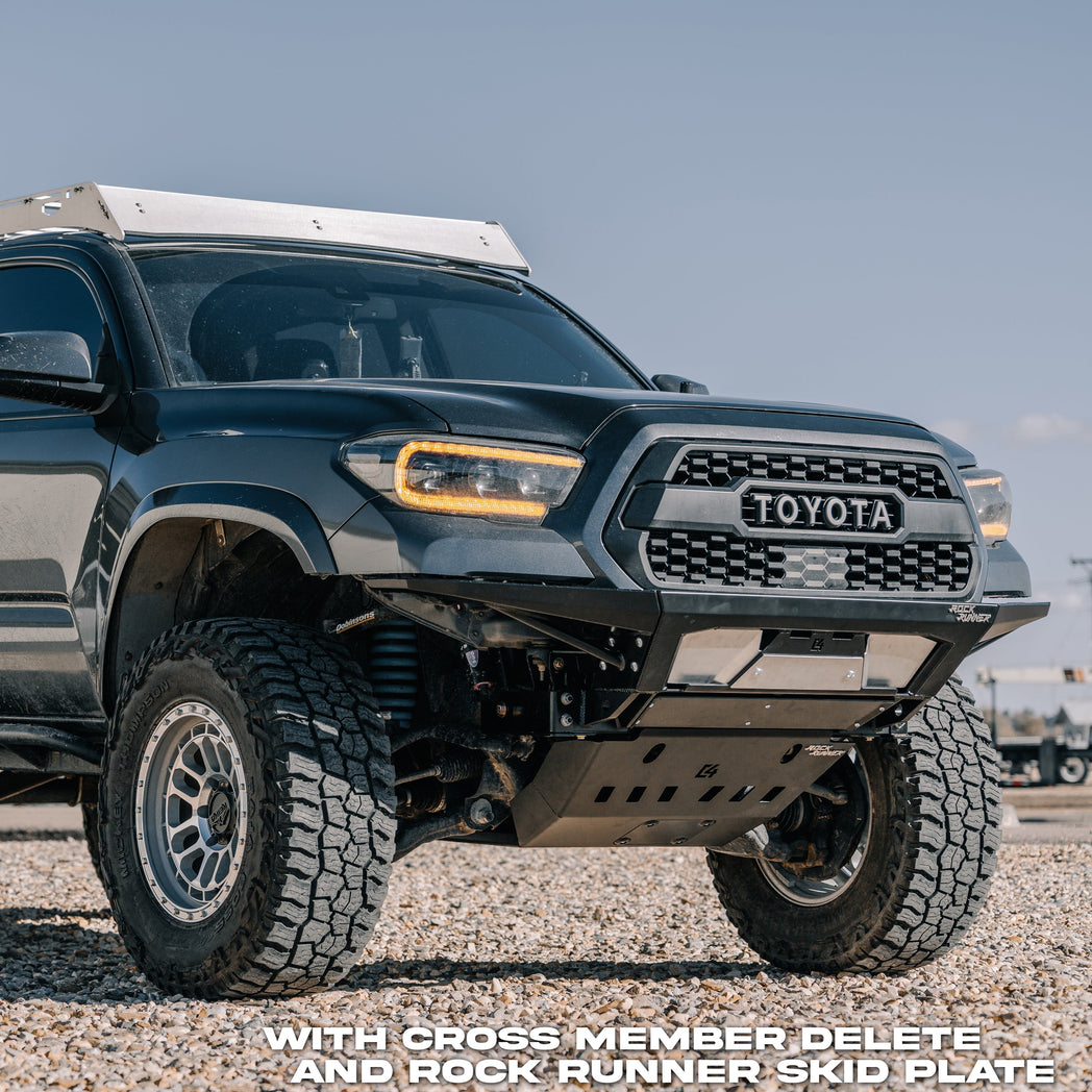 Front quartering view showing the extreme approach angle available with the C4 Rock Runner front bumper and its available Rock Runner front skid with Crossmember Delete.