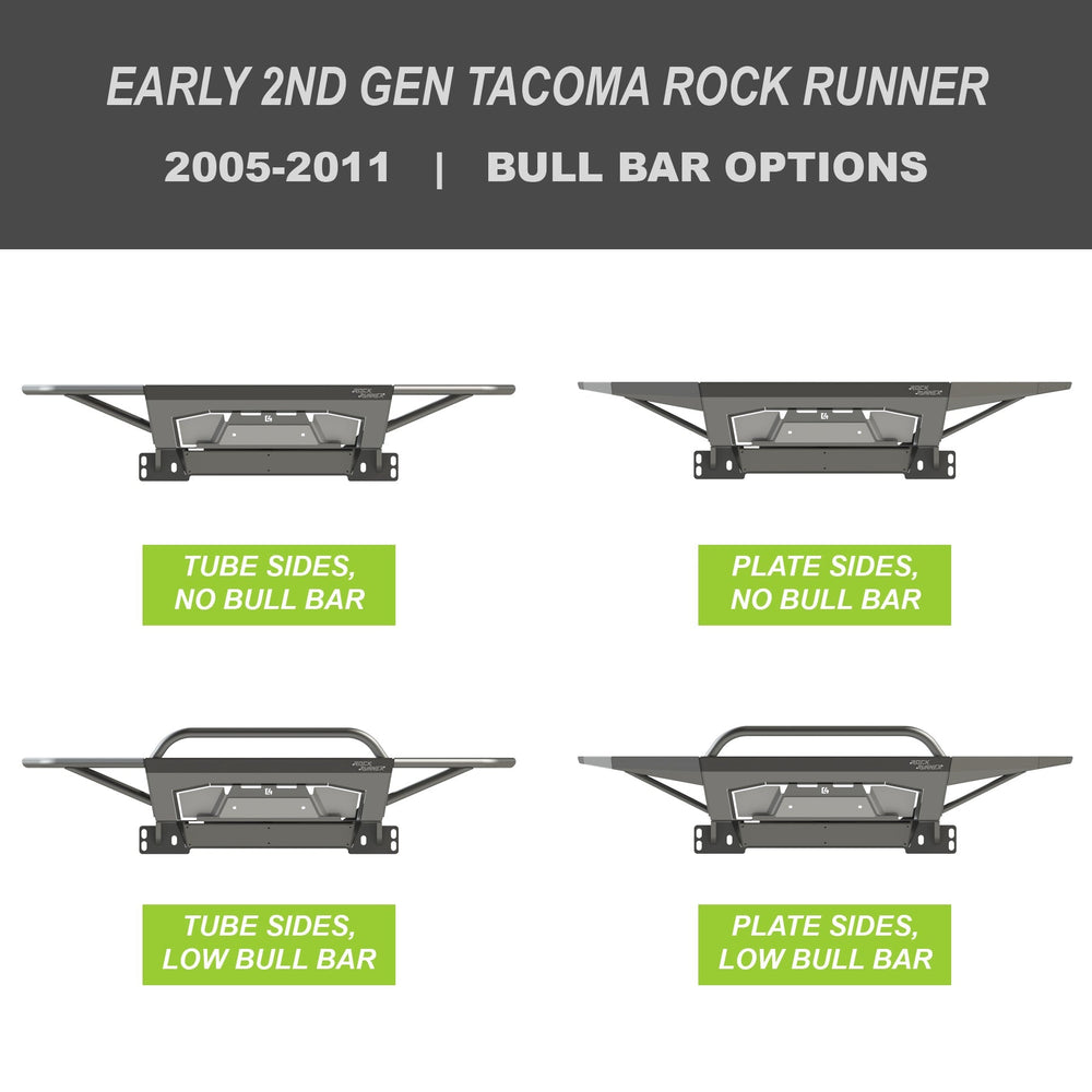 Collection of digital renderings showing the tube side and bull bar options for the early 2nd Gen Tacoma Rock Runner bumper from C4 Fabrication - tube side with no bull bar, tube side with low bull bar, plate side with no bull bar and plate side with low bull bar. 